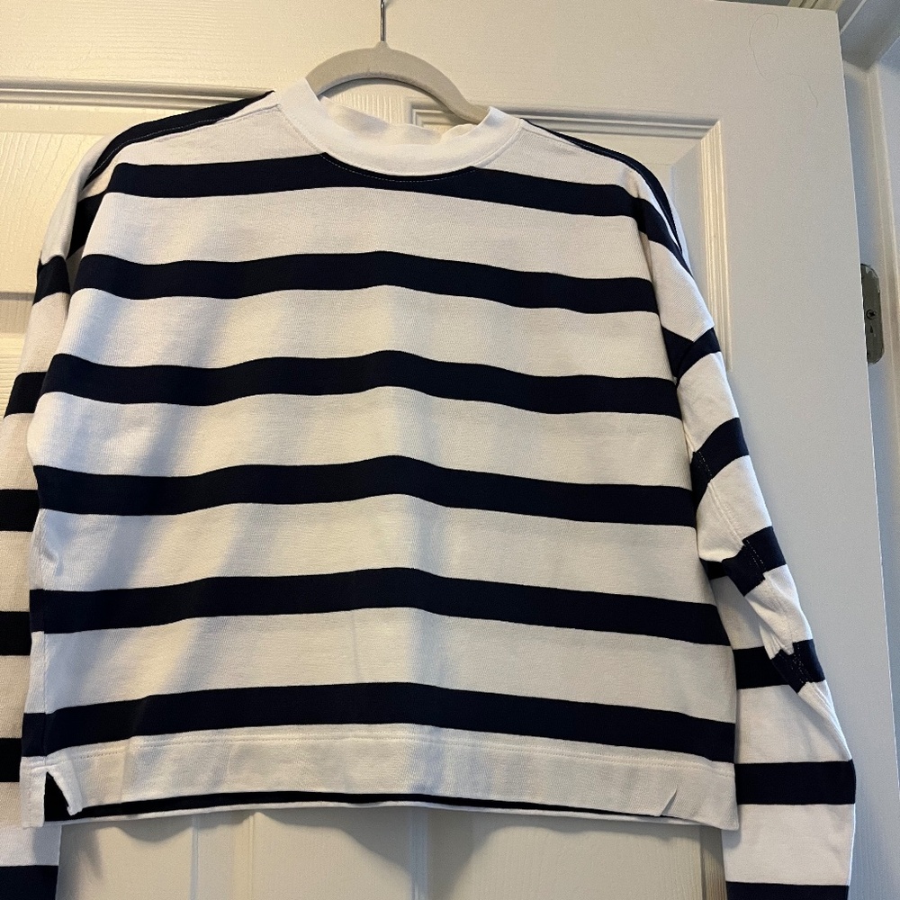 AYR “The Half Day” long sleeve tee shirt, size XS, navy and white stripes